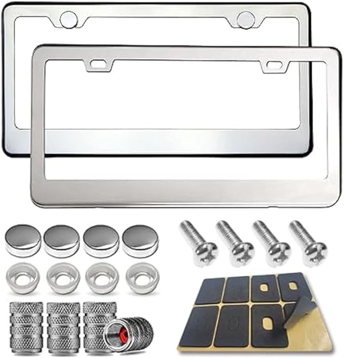 BGGTMO Stainless Steel License Plate Frames- Heavy Duty Metal Car Tag Cover for Front & Rear, 2 Pack Slim Holders with Chrome Screws Caps for Women/Men, Rust/Rattle Proof Pads, Tire Valve Stem Caps