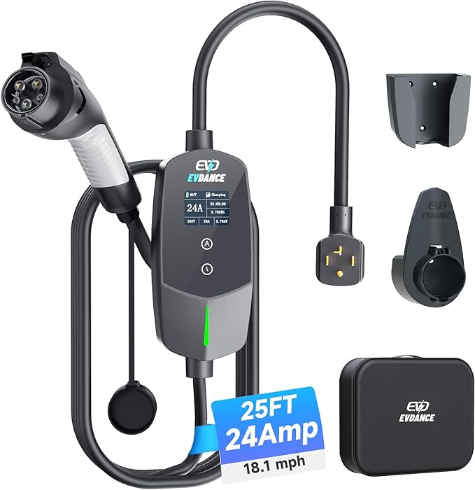 Level 2 EV Charger 24Amp 240V - NEMA 14-30P Charging Station, 25FT Cable for Home/Garage, J1772 Electric Vehicles & Adjustable Current (10-24A) (for J1772(Non-Tesla Evs), NEMA 14-30 Plug)