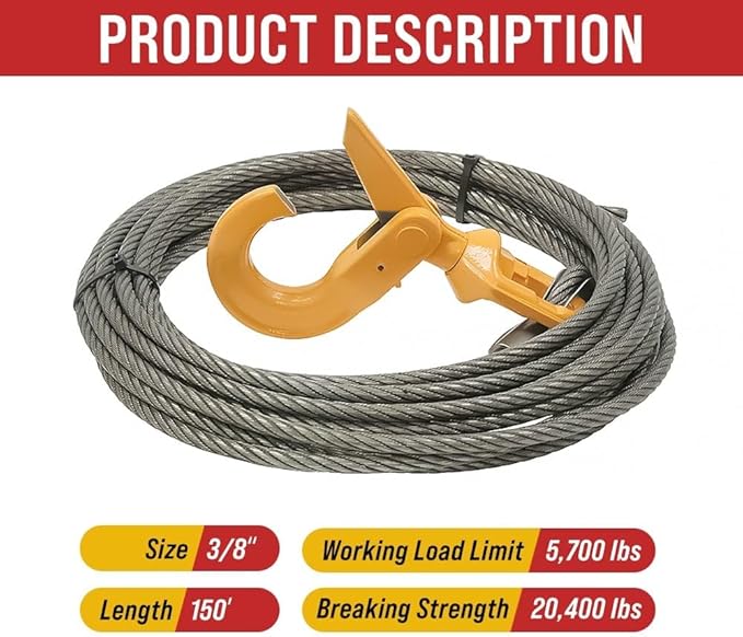 Mytee Products 1 Pack 3/8" x 150' Swaged Winch Cable Wire w/Self Locking Swivel Hook - 20,400 lbs Ultimate BS & 1 Pack Side Puller Recovery Tool for Vehicle Towing & Angled Winching - 9,000 lbs WLL
