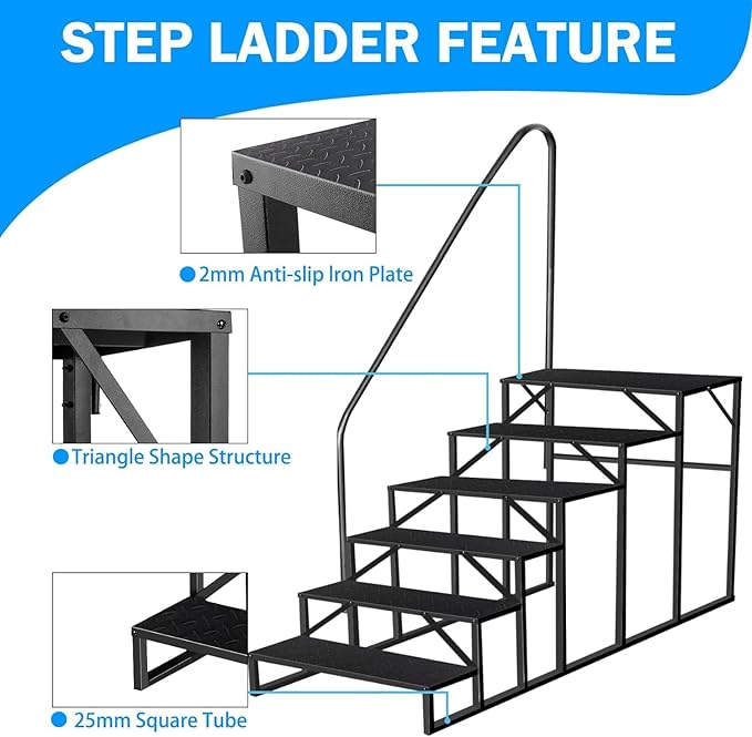 RV Steps with Handrail, 6 Step RV Stairs 660lbs Load Capacity, Heavy Duty Camper Steps with Wide & Anti-Slip Platform, Portable Outdoor Metal Entry Stairs for Hot Tub, Mobile Home, Travel Trailers