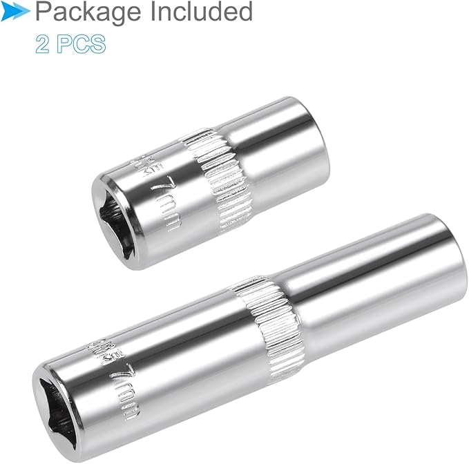 6-Point Socket, 1/4" Drive 7mm Deep, Polished Chromed CR-V Metric Deep and Shallow Impact Socket - (Applications: for Ratchet Torque Electric Wrenches Car Repair), 2-Pieces
