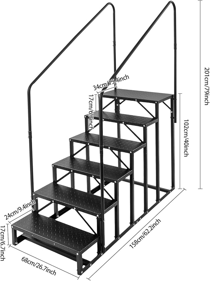 6-Step RV Steps with Handrail, Heavy Duty Carbon Steel Freestanding Outdoor Stairs for RV Camper Mobile Home Pool Hot Tub, Portable Staircase (6 Steps)