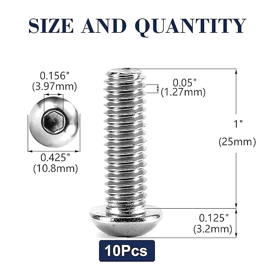 1/4-20 x 1 Button Head Socket Cap Bolts Screws, 10Pcs 304 Stainless Steel 18-8, Allen Hex Drive, Bright Finish by SG TZH(with Hex Spanner)