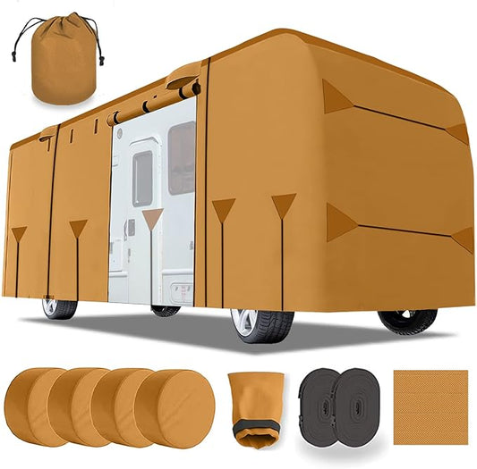 33-37 Ft Class A RV Cover Package Premium Heavy-Duty Waterproof Windproof Anti-UV Breathable Fabric Including 4 Tire Covers and 4 Sharp Edge Covers 2 Secure Straps