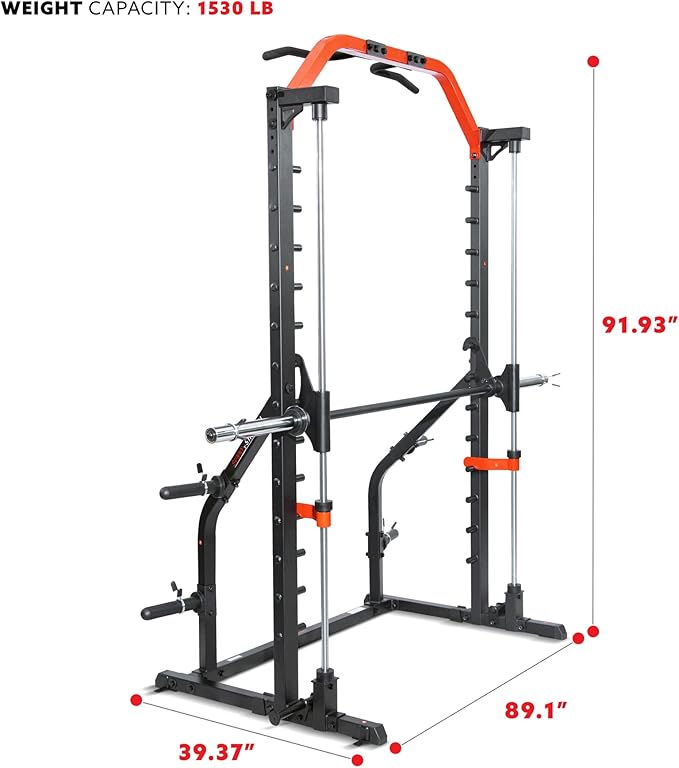 Sunny Health & Fitness Premium Smith Machine & Squat Cage Rack, Pull-Up Bar, Spotter Blocks for Weightlifting & Bench Press for Home Gym Strength Training