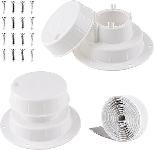 RV Vent Covers for Roof, 2 Pack White RV Roof Vent Covers with Screws for Trailer, Camper, Motorhome, Camper Vent Cover Kit for 1 to 2 3/8 Inch Pipe