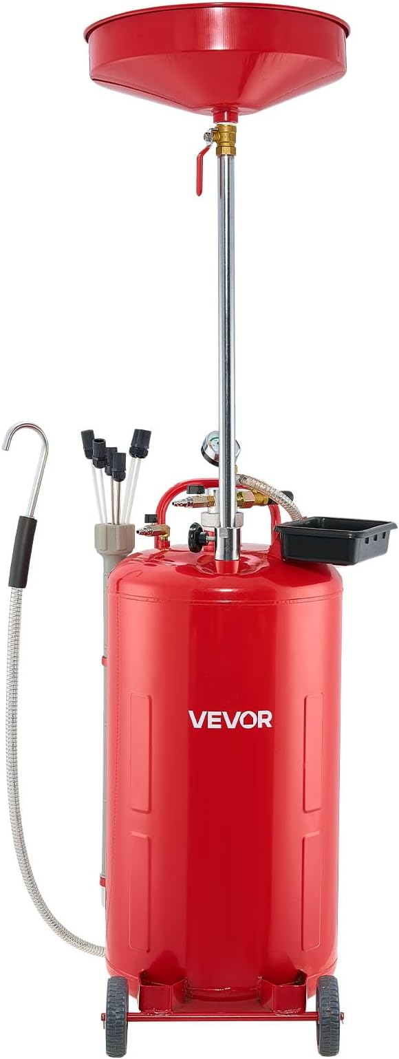 VEVOR 21 Gallon Waste Oil Drain Tank, Air Operated Portable Oil Drainer with Adjustable Funnel Height, Industrial Fluid Drain Tank with Wheels, Fluid Fuel Transfer Drainage for Auto Repair Shops, Red