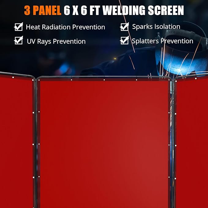 3 Panel 6x6 FT Vinyl Welding Screen with Frame, Flame-Resistant PVC Welding Curtain with Lockable Swivel Wheels, Transparent Welding Screen Panel for Welding Safety, Red