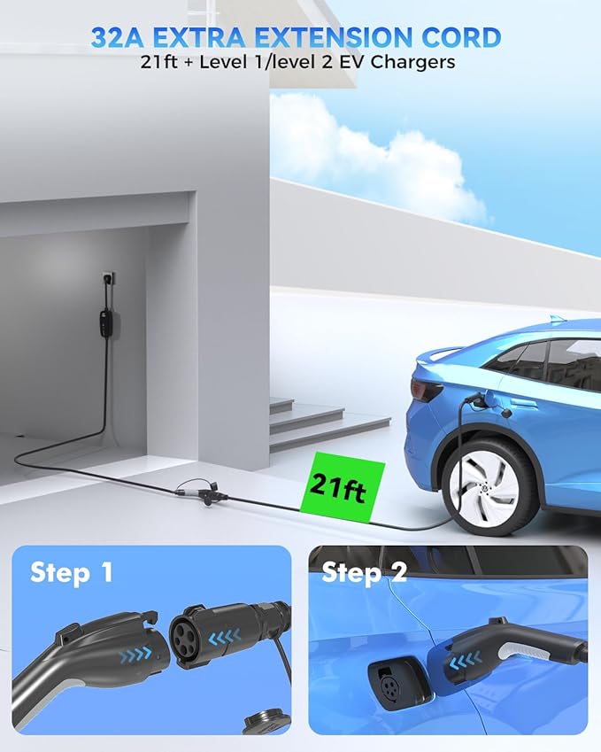 EV Charger Extension Cable, 21ft 32Amp J1772 Extension Cable Compatible with 110V-240V SAE J1772 EV Chargers, Suitable for J1772 EVs/PHEVs, Level 1/ Level 2 IP66 Car Charger Extension Cord with Bag