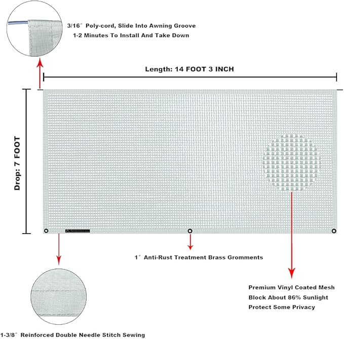 Tentproinc RV Awning Sun Shade Screen 7' X 14' 3'' (Fit for 15' Awning) Mesh Sunshade for RV Awning Sunscreen Camper Trailer Motorhome Awning Screenshade Block UV Glare - 3 Year Warranty (Gray)