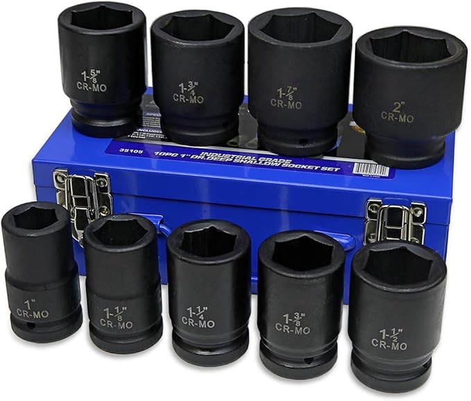 Stark USA 9-Pieces 1" DR Drive Deep Impact Socket Set 6-Point (1-Inch - 2-Inch) 9pc Impact Socket Set Carrying Case