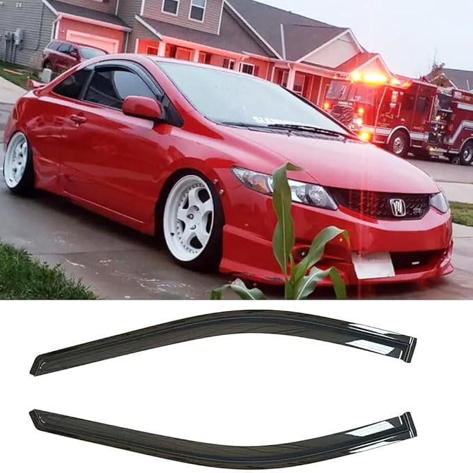 92410 Side Window Visor Vent Deflectors fit for 2006-2011 Honda Civic 2-Door Coupe,2pcs Outside Mount Tape-on Shatterproof Sun Rain Guards,Dark Smoke Window Shades