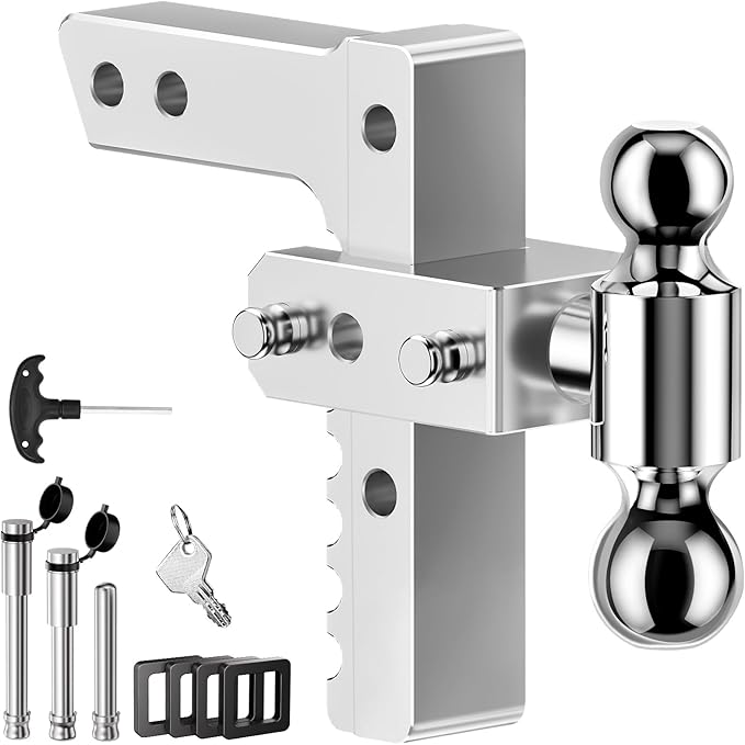 Adjustable Trailer Hitch, Fits 2-Inch Receiver, 8-Inch Drop/Rise for Trucks (12500 LBS GTW), Heavy Duty Aluminum Tow Hitches with 4 Silencer Pads & 2 Locking Hitch Pin, Silver