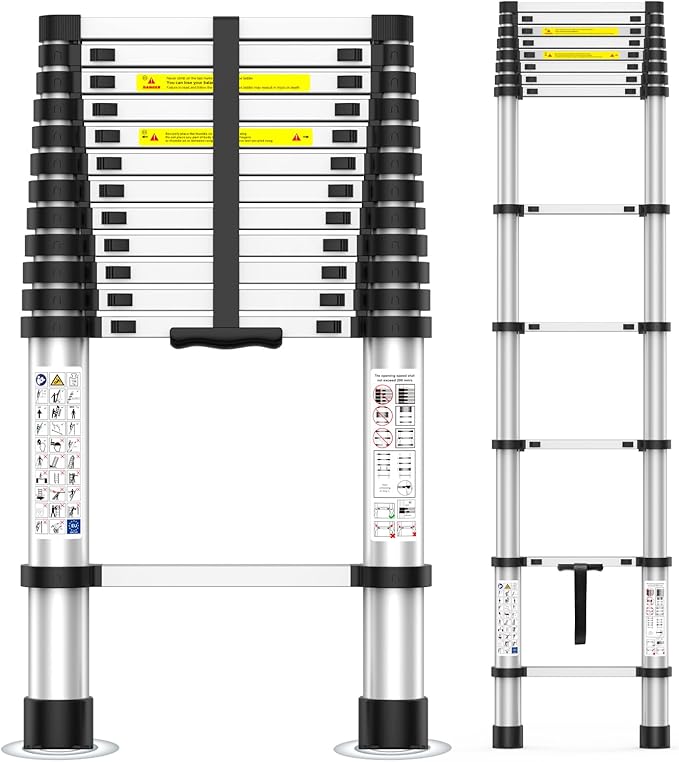 12.5FT Telescoping Ladder, 330lb Capacity Aluminum Heavy-Duty Extension Ladder with Anti-Slip Steps for Secure Attic Access, Roof, and Home Renovation Projects