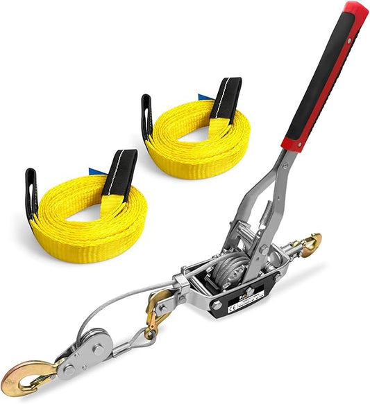 5-Ton Come Along Winch Heavy Duty 11.5ft Steel Cable Come Along Cable Puller with 3 Hooks Dual-Gear Come Along Tool for Vehicle Rescue & Automotive Hoisting