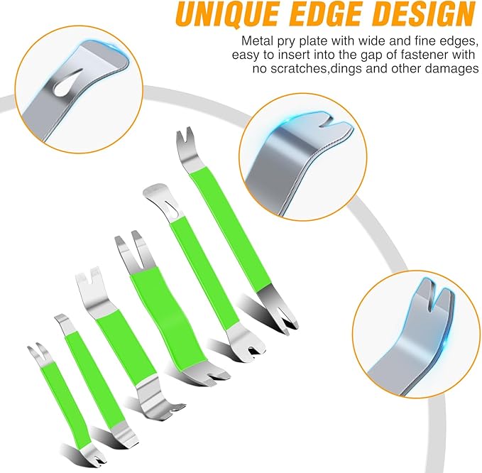 GOOACC 11 PCS Trim Removal Tool Kit, Metal Pry Tool Auto Fastener Remover Pry Bar Set Car Door Panel Removal Tool Dashboard Repair Kit Green