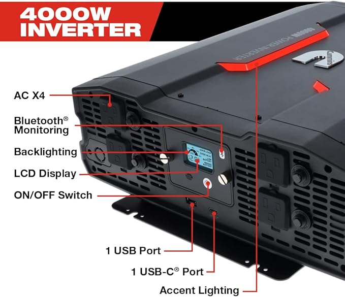Cummins 4000 Watts Inverter Modified Sine Wave Truck Inverter 12 Volts to 110 Volts Four AC Outlets Two USB Ports (Plus Cable Kit)- CMN4000W - Inverters for Vehicles, Van Life, Camping