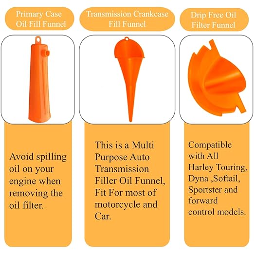Oil Change Tool Kit for Harley, Primary Case Oil Funnel, Drip-Free Oil Filter Funnel, Crankcase Fill Tool, Oil Filter Wrench, 50 O-Rings for Harley Davidson Accessories
