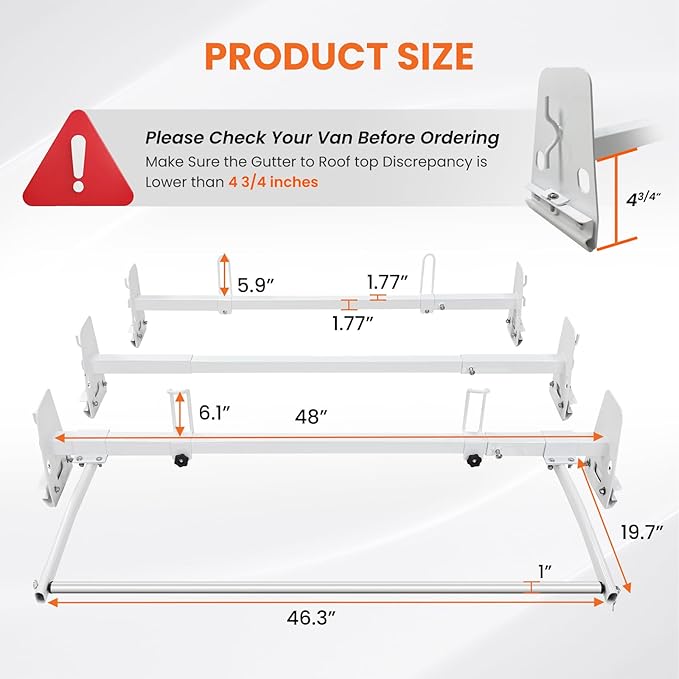 Van Roof Ladder Rack, 3 Adjustable Crossbars (48"-67") with Rain Gutter Mounts, Compatible with Chevy Express 1500/2500/3500, Ford Econoline, and GMC Savana Cargo Vans with Rear Roller