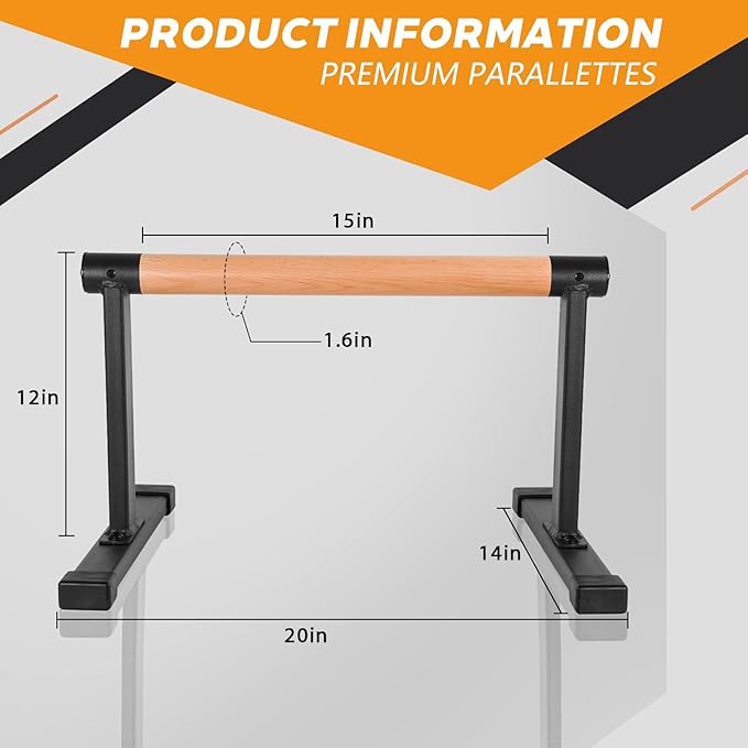 Wooden Parallel Bars 20" Length 12" Height,Dip Bar with Thick Beech Handles, Push-up stands for Handstand, L-Sit, Gymnastics, Strength Training Home Gym,Anti-slip Mats, Easy to Install,700lbs
