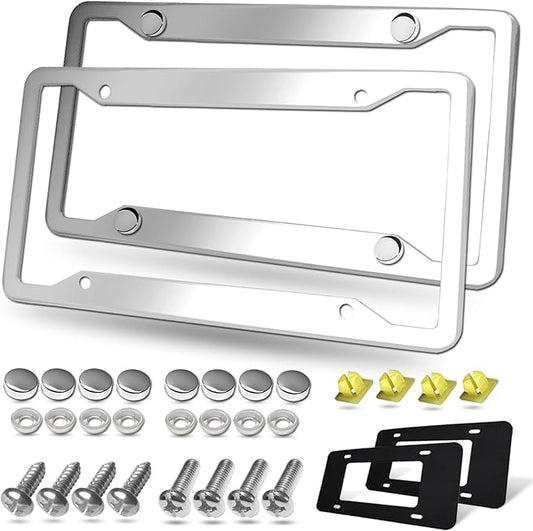 BGGTMO Stainless Steel License Plate Frames- 2 Pack Heavy Duty Polished Mirror Car Tag Cover with Chrome Screws Caps, 4 Holes Front & Rear Holders with Fasteners, Inserts, Rust/Rattle Proof Pads