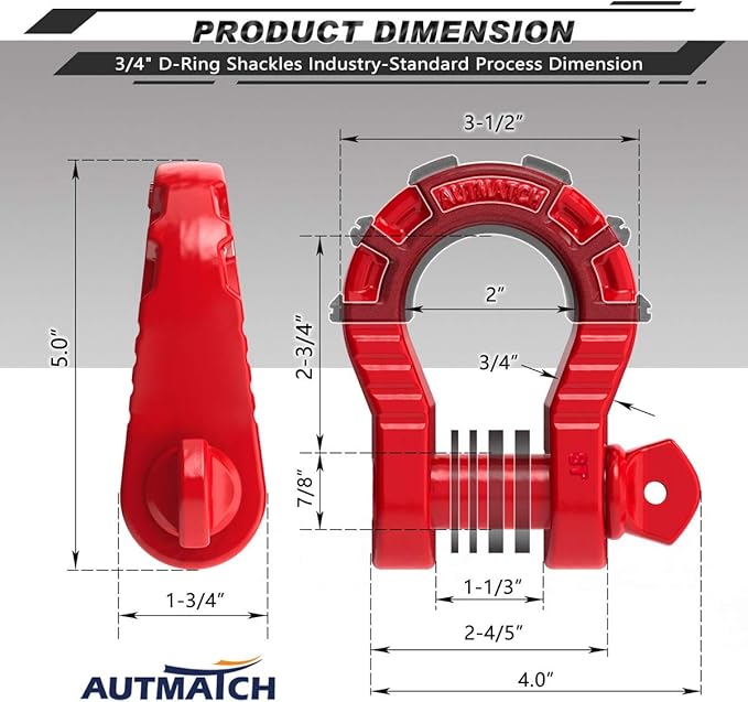 AUTMATCH D Ring Shackles 3/4" Mega Shackle (2 Pack) 68,000Ibs Break Strength - Heavy Duty Clevis Shackles with 7/8" Screw Pin and Isolator Washer for Tow Strap Winch Off Road Vehicle Recovery, Red