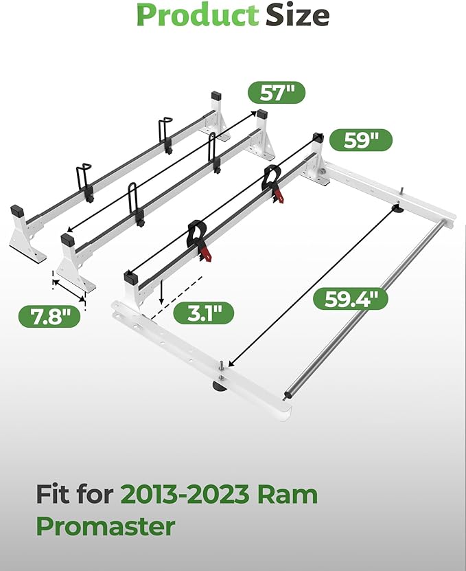 StarONE 57" Heavy Duty Steel Van Roof Rack,Van Ladder Rack with Rear Cargo Roller Fit for 2013-2023 Ram Promaster,White,3 Bars,800lbs