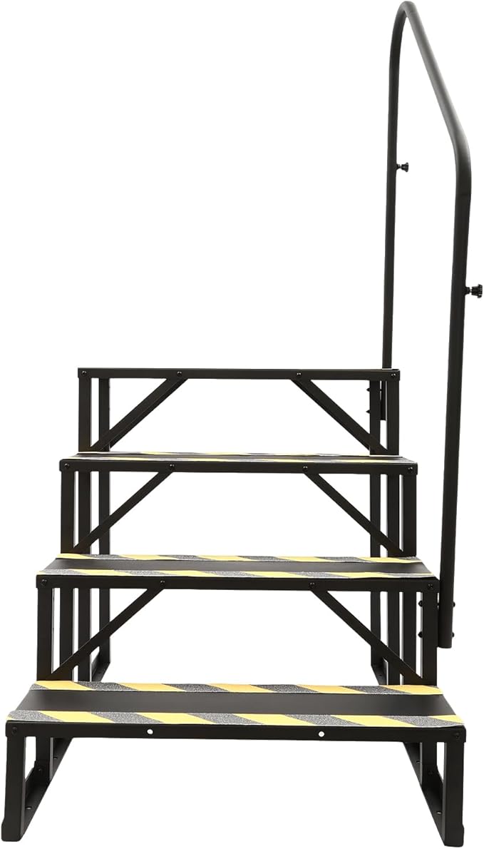 4 Step RV Stairs, Hot Tub Steps, Outdoor Spa Step Ladder with Handrail, Portable Wheel Stair W/Reflective Strips for Travel Trailer, Motor Home, Camper and Porch