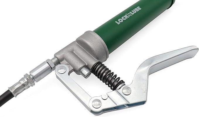 LockNLube Mini Grease Gun Kit. Includes Our Patented Grease Coupler (Locks on, Stays on, Won't Leak!) Plus a 12 Hose and in-line Hose Swivel.