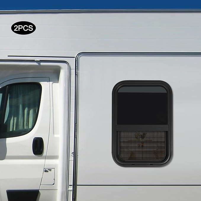 2 Pack RV Window Teardrop Style, 15" X 22" Universal RV Window Vertical Slide With 2 Trim Ring, Vertical Sliding Glass Window with Screen Window for Cargo, Horse Trailer (15"Wx22"H（2 pack）)