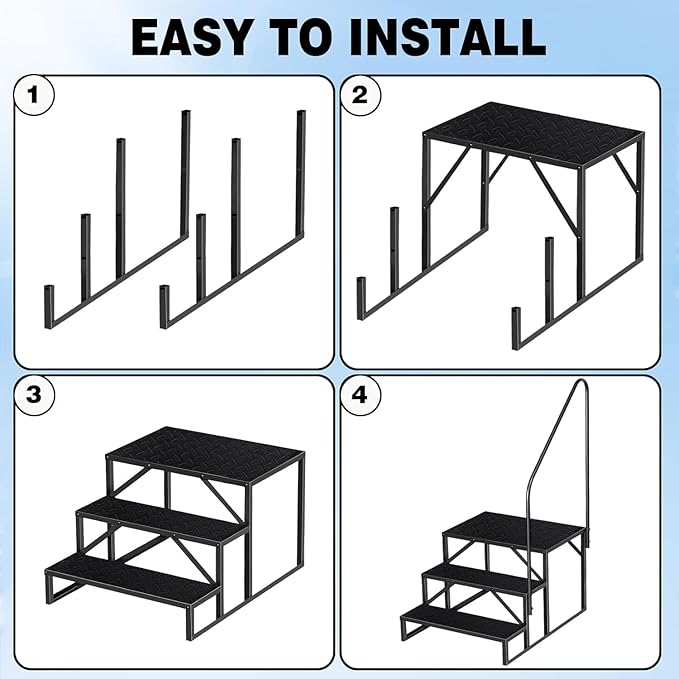 RV Steps with Handrail, 3 Step RV Stairs 660lbs Load Capacity, Heavy Duty Camper Steps with Wide & Anti-Slip Platform, Portable Outdoor Metal Entry Stairs for Hot Tub, Mobile Home, Travel Trailers