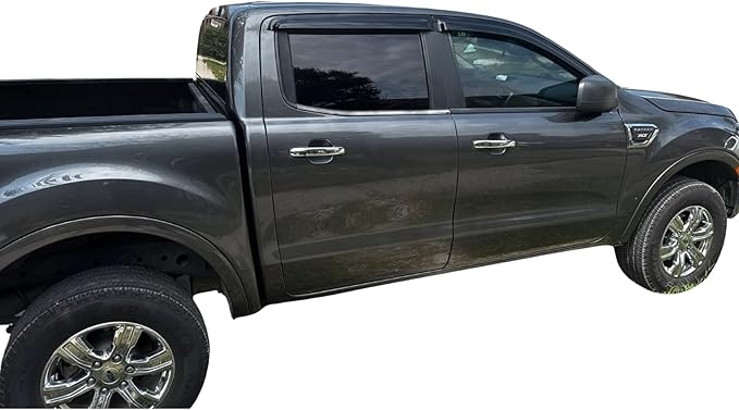 2019-2023 Tape-On Rain Guards for Ford Ranger SuperCrew Side Window Visor Deflectors XL XLT Lariat Smoke Durable Tinted Shades 2020 2021 2022