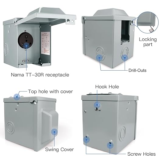 30 Amp 125 Volt RV Power Outlet Box, Enclosed Lockable Weatherproof NEMA TT-30R Outdoor Electrical Receptacle Panel, 30 Amp RV Receptacle for Camper Travel Trailer Motorhome Electric Car Generator
