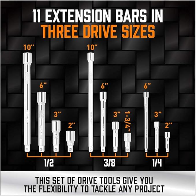 HORUSDY 20-Piece Socket Extension Bar Set, 1/4", 3/8" and 1/2" Drive Socket Extension Set, Universal Joint Socket, CR-V Steel