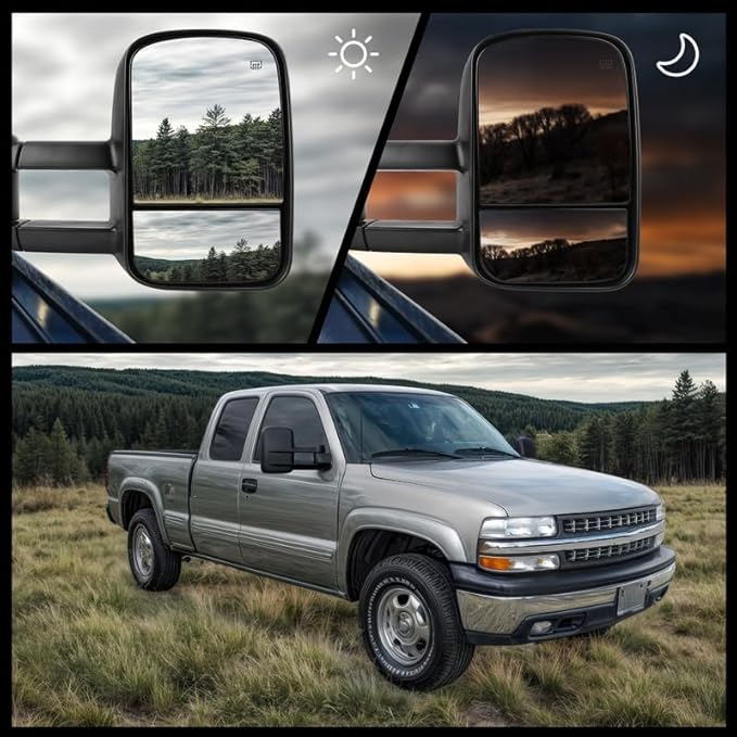 DWVO Pair Towing Mirrors Compatible with 1999-2002 Chevy Silverado/GMC Sierra, 2000-2002 Chevy Tahoe/Yukon/Suburban/Avalanche 1500 2500, Power Heated Rear View Mirrors, Left & Right Side Mirror, Black