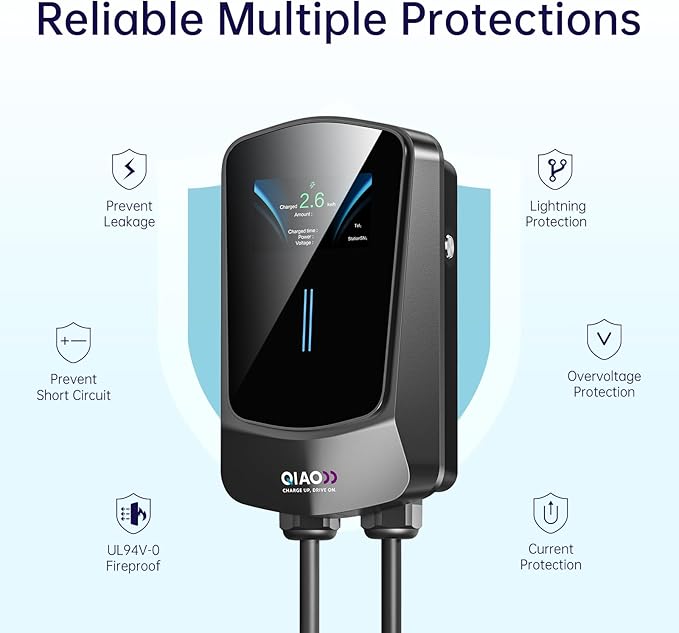 QIAO Level 2 EV Charger, Up to 40A Electric Car Charger, Wi-Fi Bluetooth APP Enabled EVSE, 4.3in Display, 25ft Cable, NEMA 14-50 Plug Charge Station Compatible with All SAE J1772 EV Models Black