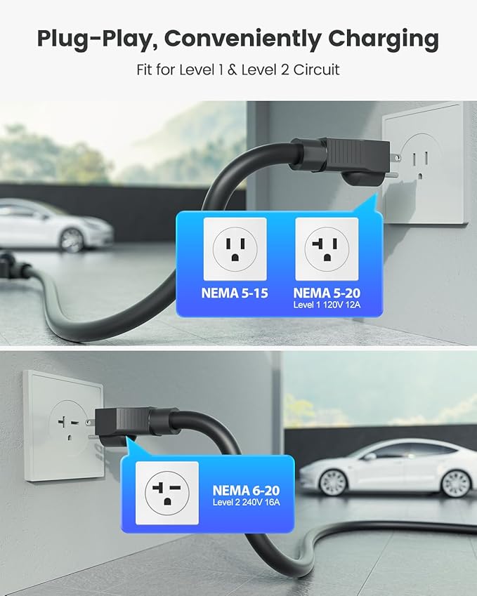 Portable Level 1/2 EV Charger for Tesla, 12A/16A, Electrical Car Mobile Charger 25FT Extension Cable with 240V NEMA 6-20 Plug, 120V NEMA 5-15 Adapter, NACS Home Wall Connector for Tesla Model-Y/3/S/X