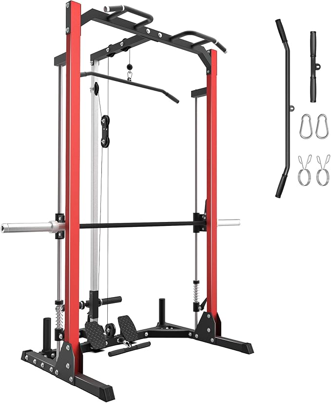 Compact Smith Machine Home Gym - 800lb Barbell Sleeve, Space-Saving Power Cage with LAT Pulldown, Power Rack 5-in-1, 1500lb Capacity for Garage & Small Spaces, P70