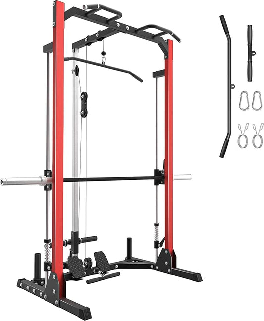 Compact Smith Machine Home Gym - 800lb Barbell Sleeve, Space-Saving Power Cage with LAT Pulldown, Power Rack 5-in-1, 1500lb Capacity for Garage & Small Spaces, P70