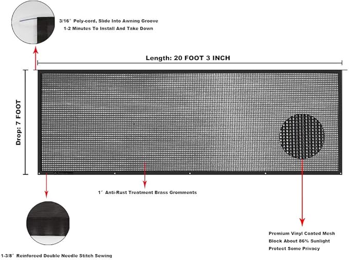 Tentproinc RV Awning Sunshade Screen 7' X 20' 3''(Fit for 21' Awning) Mesh Sun Shade Block UV Glary Motorhome Camping Trailer Awning Shadescreen UV Sunblocker Sunscreen - 3 Year Warranty (Black)