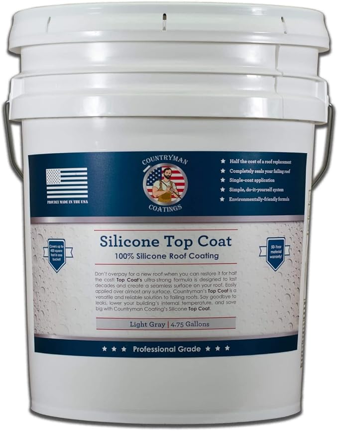 Countryman Coatings 100% Silicone Roof Coating - Restore Your Roof in a Day - Seal Leaks, Cracks, Seams, Penetrations - Adheres to All Surfaces (4.75 Gallon, Light Gray)