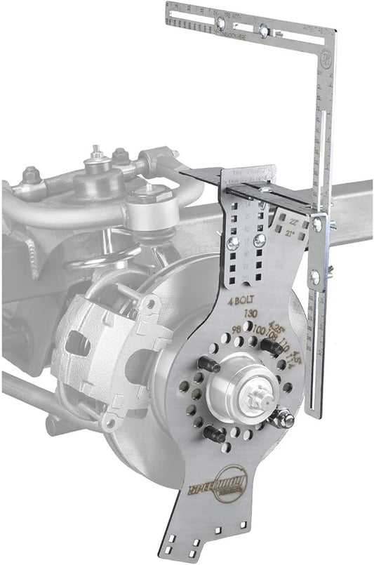 Speedway Motors WheelWise™ 4-Lug Wheel Fitment Tool with Tire Size Attachment, Simulates 14-22 Inch Rim Diameter, 8-14 Inch Tire Width, 2.5-11.5 Inch Sidewall, Laser Cut Steel