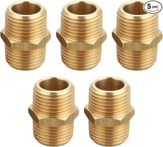 1/2 Inch x 1/2 Inch NPT Brass Hex Nipple Male Pipe Adapter, Thread 0.75" OD to 0.75" OD, (5 Piece)