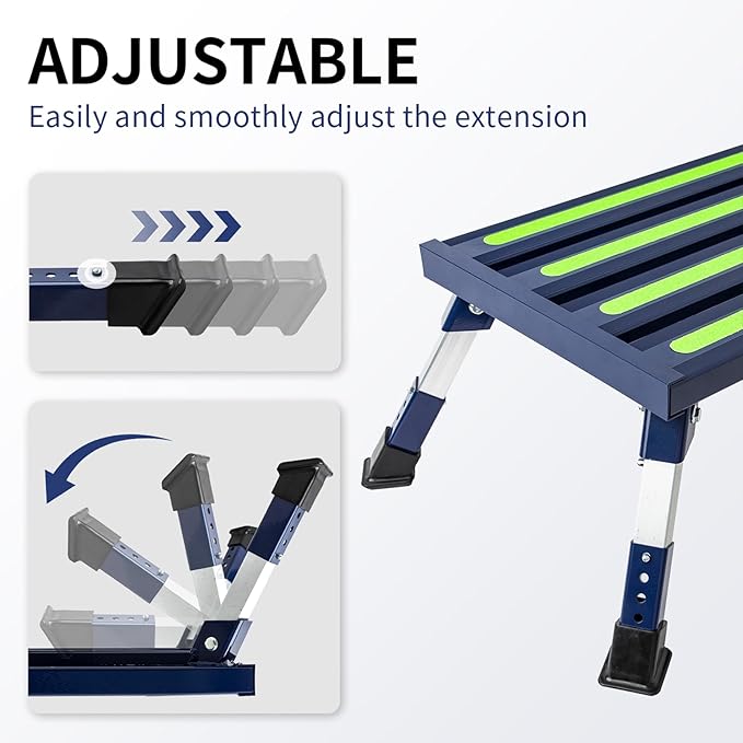 Aluminum RV Steps, 4-Level Adjustable Folding Step Stool with Non-Slip Rubber Feet, Non-Slip Fluorescent Strip Platform Rv Accessories, Supports Up to 1000 lbs - Blue