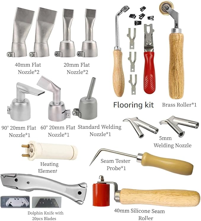 1600W Hot Air Plastic Welder Welding Gun Plastic Repair Welder Kit, 4 Flat Welding Nozzles, Various Welding Flooring Accessories Floor Tool Set