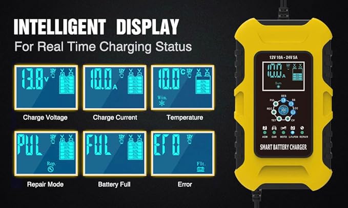 12V/24V 10-Amp Car Battery Quick Charger for Wet/GEL/SLA/LiFePO4/Lead-Acid/AGM Batteries, 7-Stage Multifunctional Battery Charger/Maintainer, for ATVs/Golf Cart/Motorcycle/Automobile/Marine etc