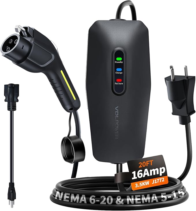 Level 1&2 EV Charger, Electric Vehicle Portable Charger with 20FT Cable, 3.5KW 16Amp Home EV Car Charging Station, 110V-240V NEMA 6-20 & NEMA 5-15 Plug Adapter, for All SAE J1772