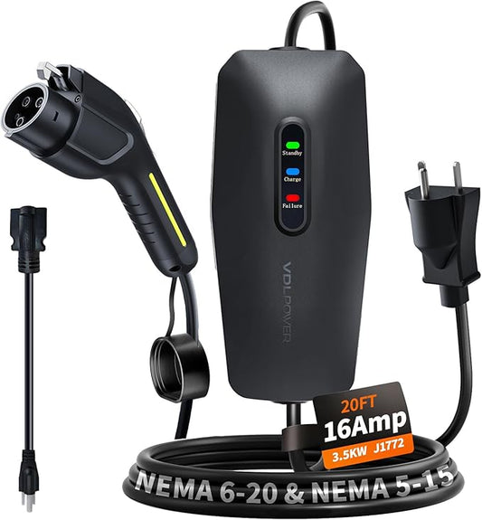 Level 1&2 EV Charger, Electric Vehicle Portable Charger with 20FT Cable, 3.5KW 16Amp Home EV Car Charging Station, 110V-240V NEMA 6-20 & NEMA 5-15 Plug Adapter, for All SAE J1772