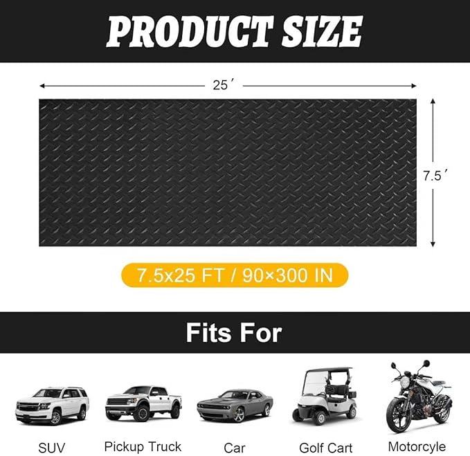 7.5x25 FT Garage Floor Mat, 2.8mm Thickened Flooring Roll for Under Car with 20Pcs Tapes, 188SQFT Diamond Plate, Non-Slip Floor Protector Mat for Garage, Warehouse, Gyms, Trailer(Black)