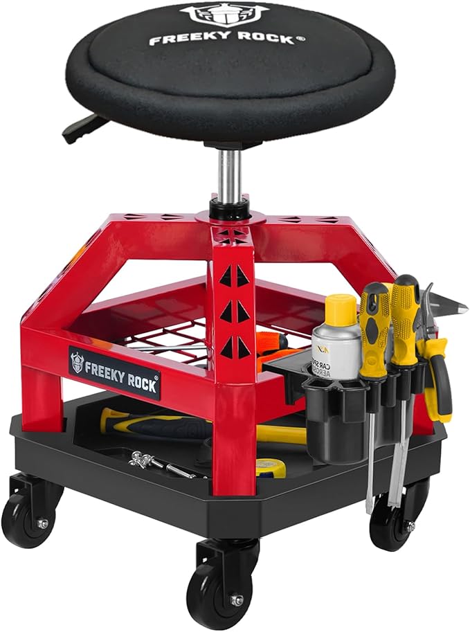 Rolling Shop Stool with Wheels, Heavy Duty Garage Work Mechanic Stool, Adjustable Height 22.44"-28.94", 360°Swivel Rolling Chair with Tool Tray Storage, 330 LBS Capacity, Red
